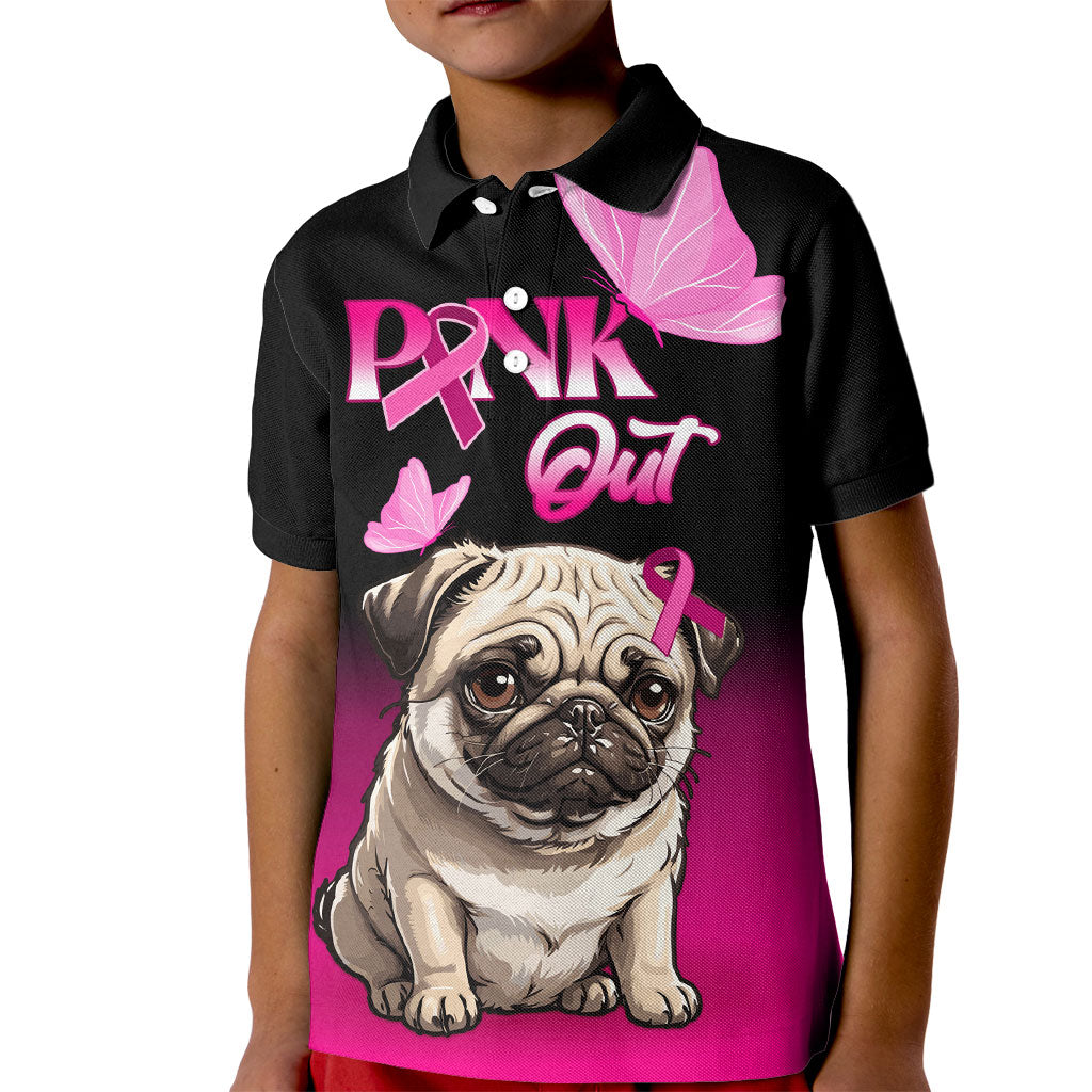 Personalised Pink Out Kid Polo Shirt Pug Dog Breast Cancer Support