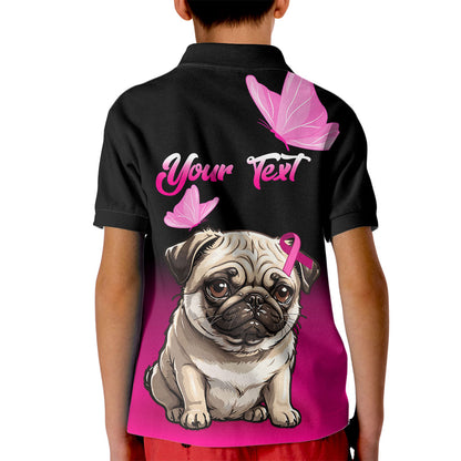 Personalised Pink Out Kid Polo Shirt Pug Dog Breast Cancer Support