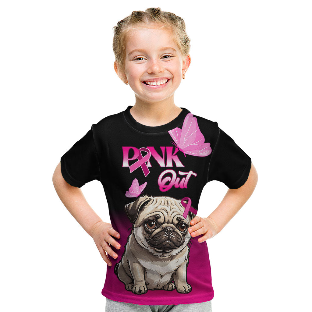 Personalised Pink Out Kid T Shirt Pug Dog Breast Cancer Support