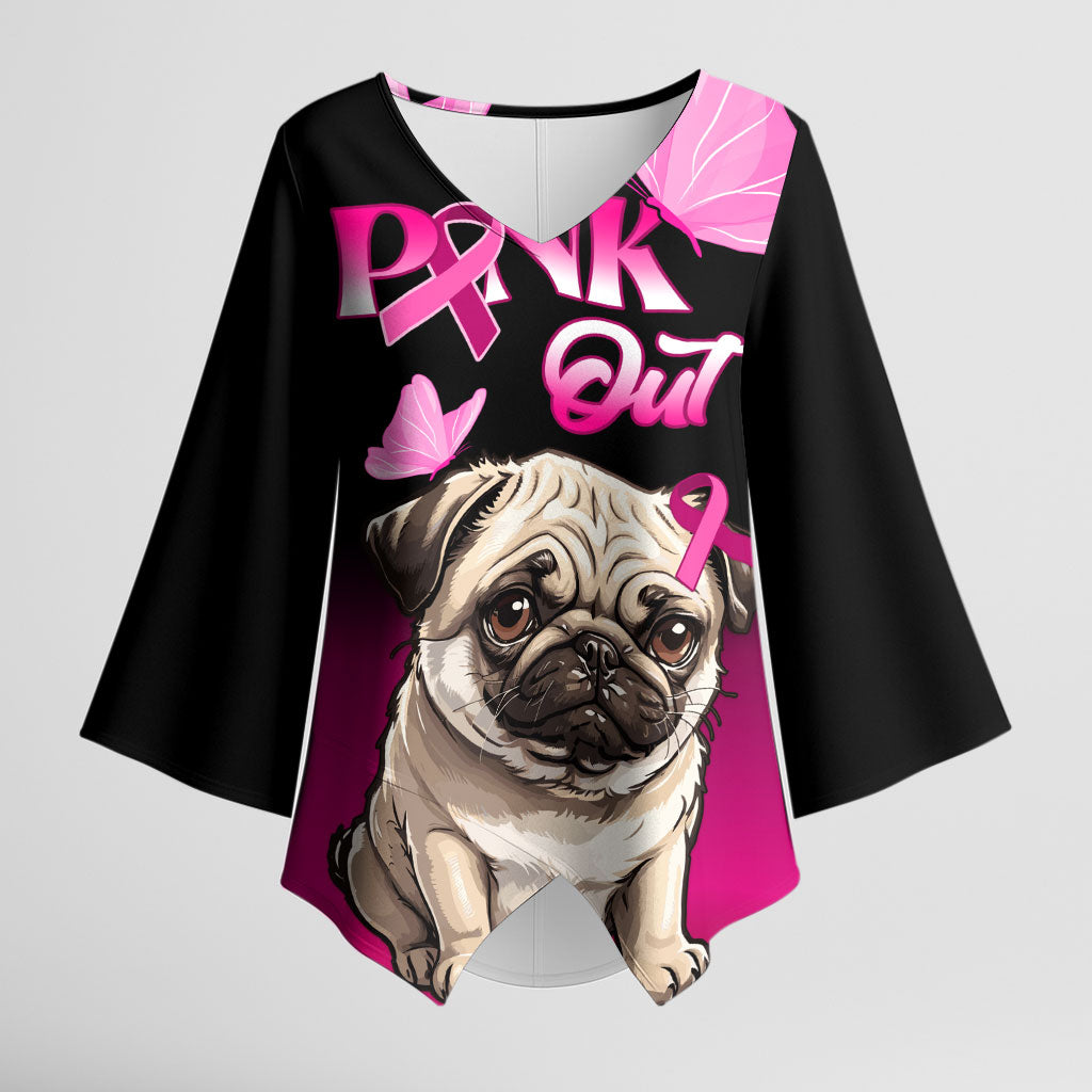 Personalised Pink Out Kimono Sleeve Blouse Pug Dog Breast Cancer Support