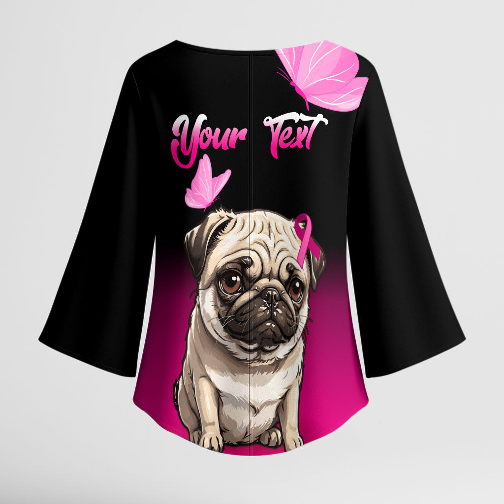Personalised Pink Out Kimono Sleeve Blouse Pug Dog Breast Cancer Support