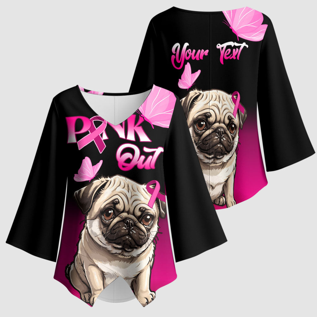 Personalised Pink Out Kimono Sleeve Blouse Pug Dog Breast Cancer Support