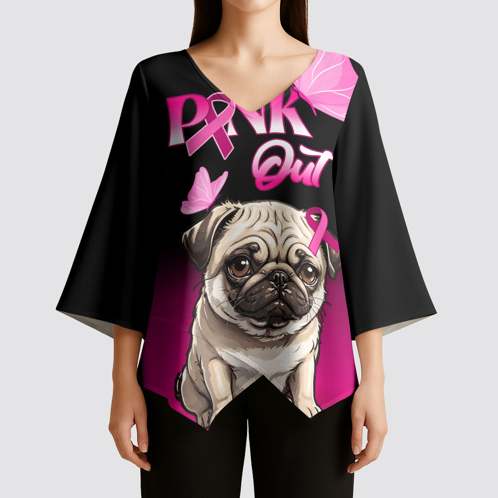 Personalised Pink Out Kimono Sleeve Blouse Pug Dog Breast Cancer Support