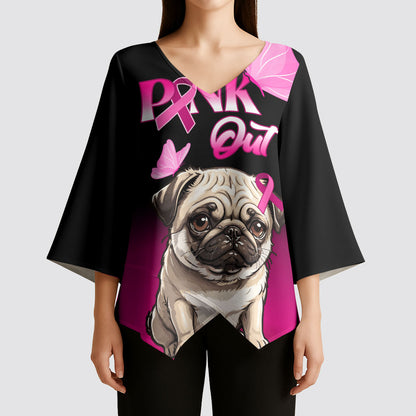 Personalised Pink Out Kimono Sleeve Blouse Pug Dog Breast Cancer Support