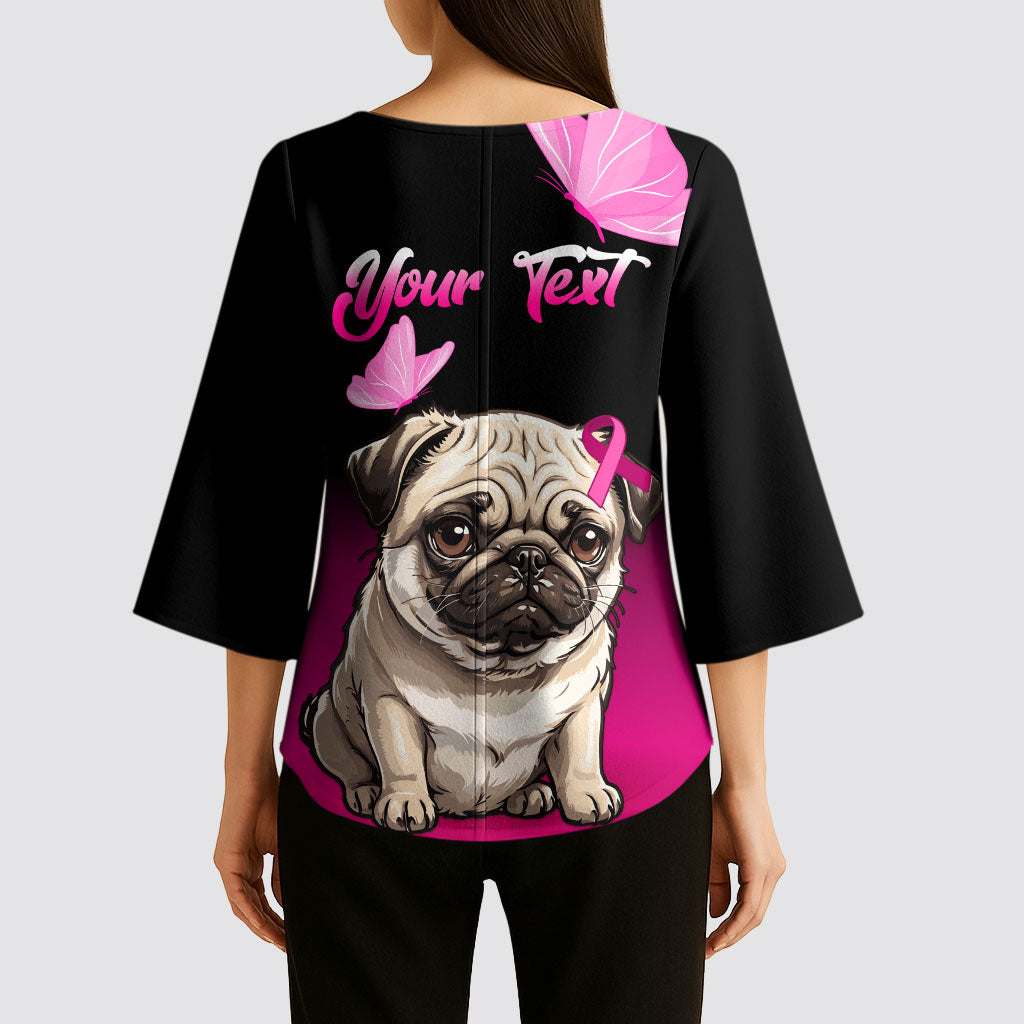 Personalised Pink Out Kimono Sleeve Blouse Pug Dog Breast Cancer Support