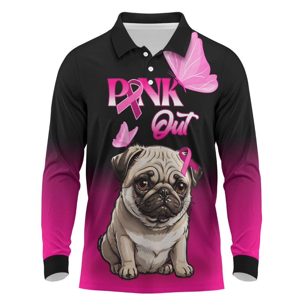 Personalised Pink Out Long Sleeve Polo Shirt Pug Dog Breast Cancer Support