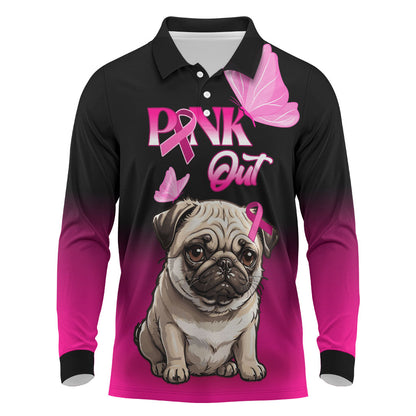 Personalised Pink Out Long Sleeve Polo Shirt Pug Dog Breast Cancer Support