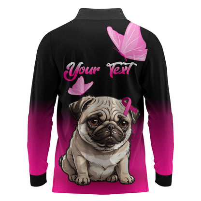 Personalised Pink Out Long Sleeve Polo Shirt Pug Dog Breast Cancer Support