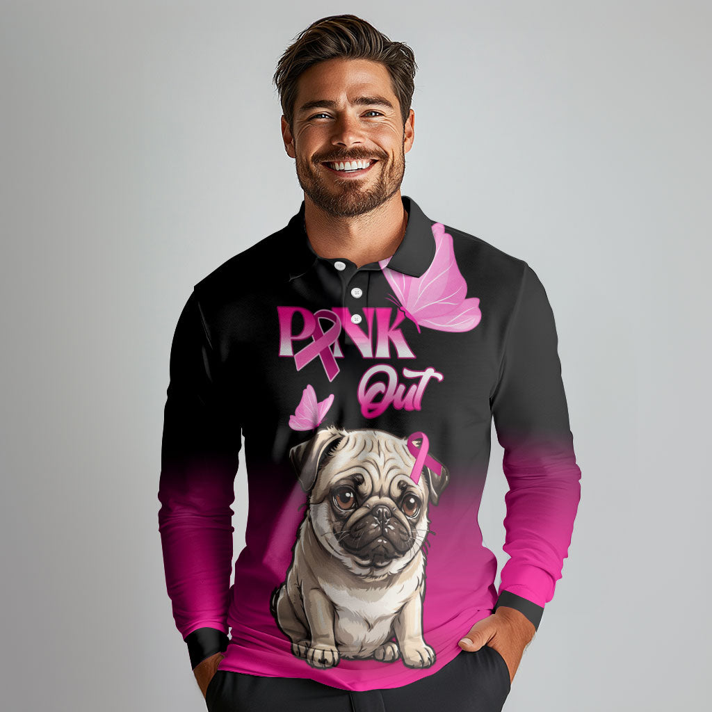 Personalised Pink Out Long Sleeve Polo Shirt Pug Dog Breast Cancer Support