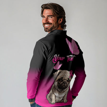 Personalised Pink Out Long Sleeve Polo Shirt Pug Dog Breast Cancer Support