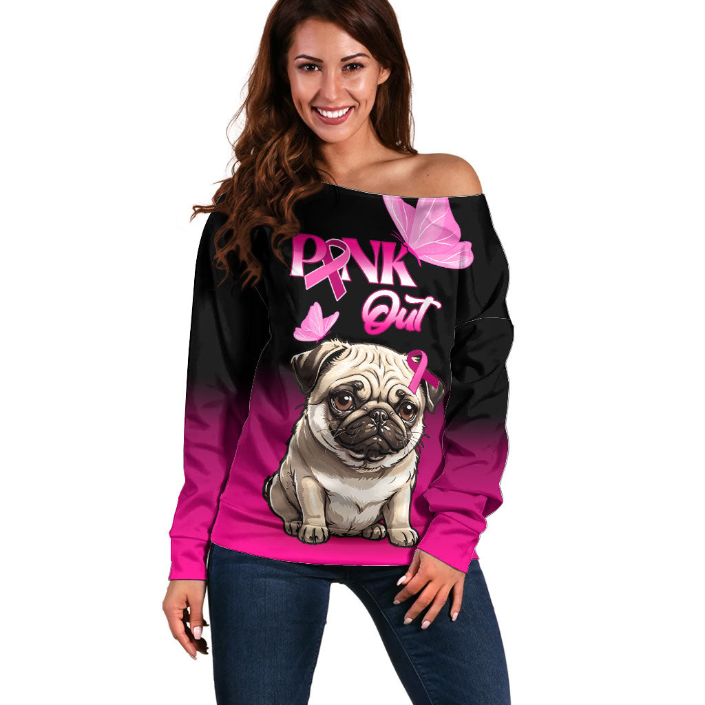 Personalised Pink Out Off Shoulder Sweater Pug Dog Breast Cancer Support