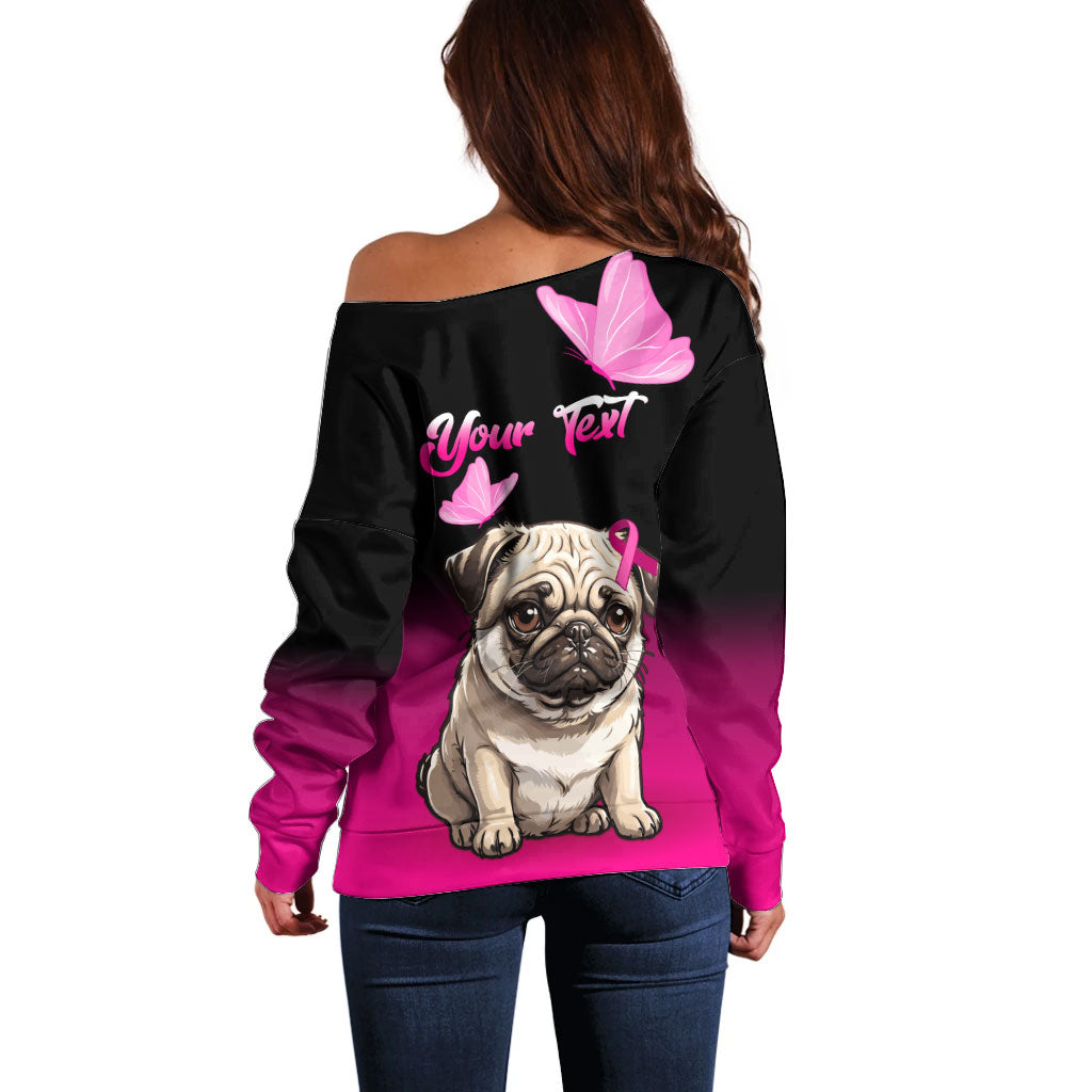 Personalised Pink Out Off Shoulder Sweater Pug Dog Breast Cancer Support