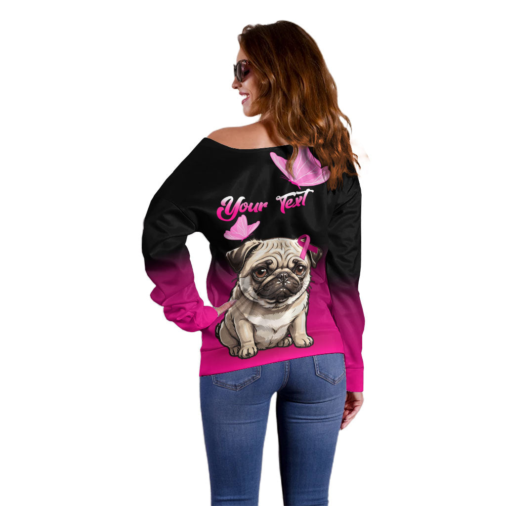Personalised Pink Out Off Shoulder Sweater Pug Dog Breast Cancer Support