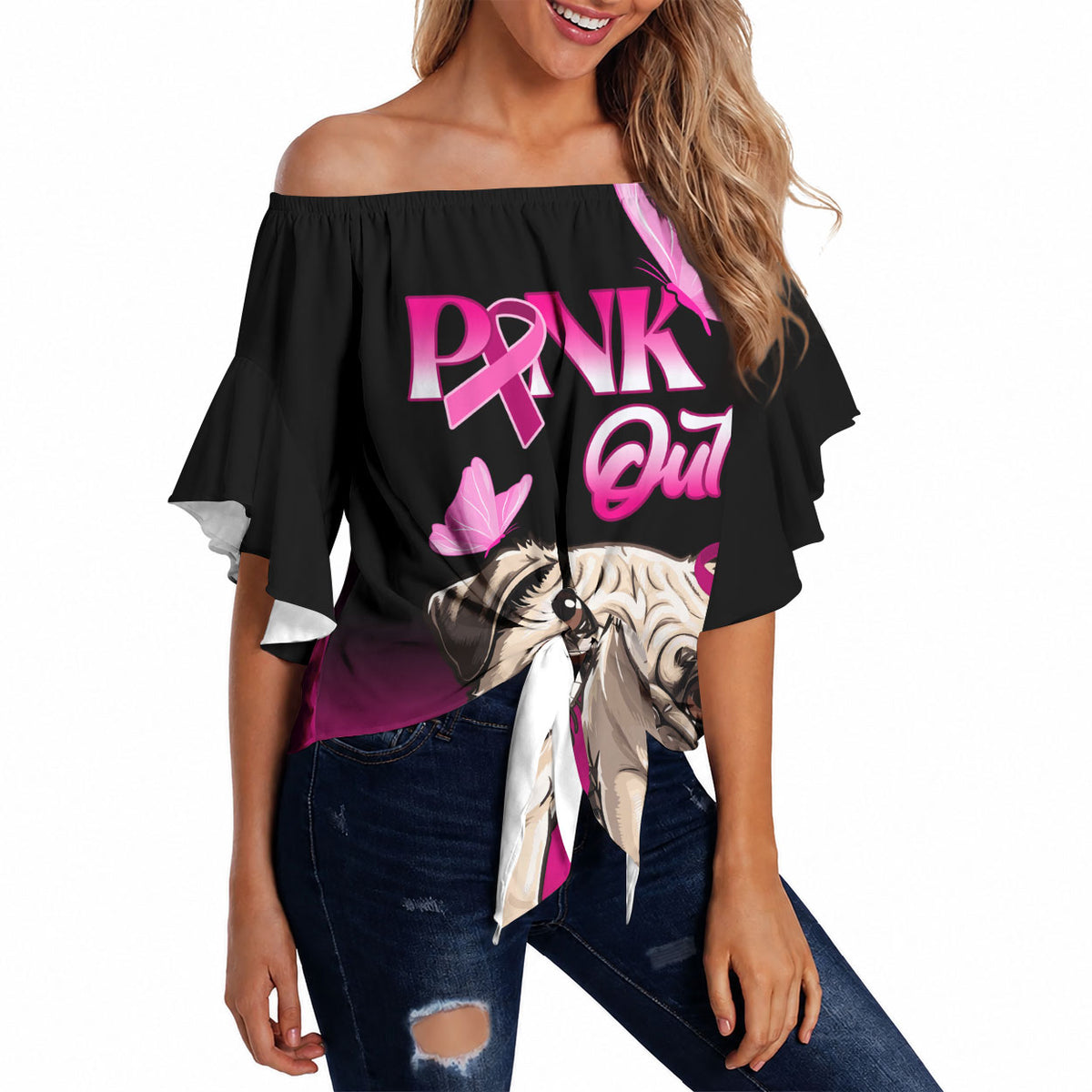 Personalised Pink Out Off Shoulder Wrap Waist Top Pug Dog Breast Cancer Support