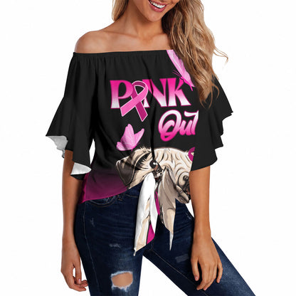 Personalised Pink Out Off Shoulder Wrap Waist Top Pug Dog Breast Cancer Support