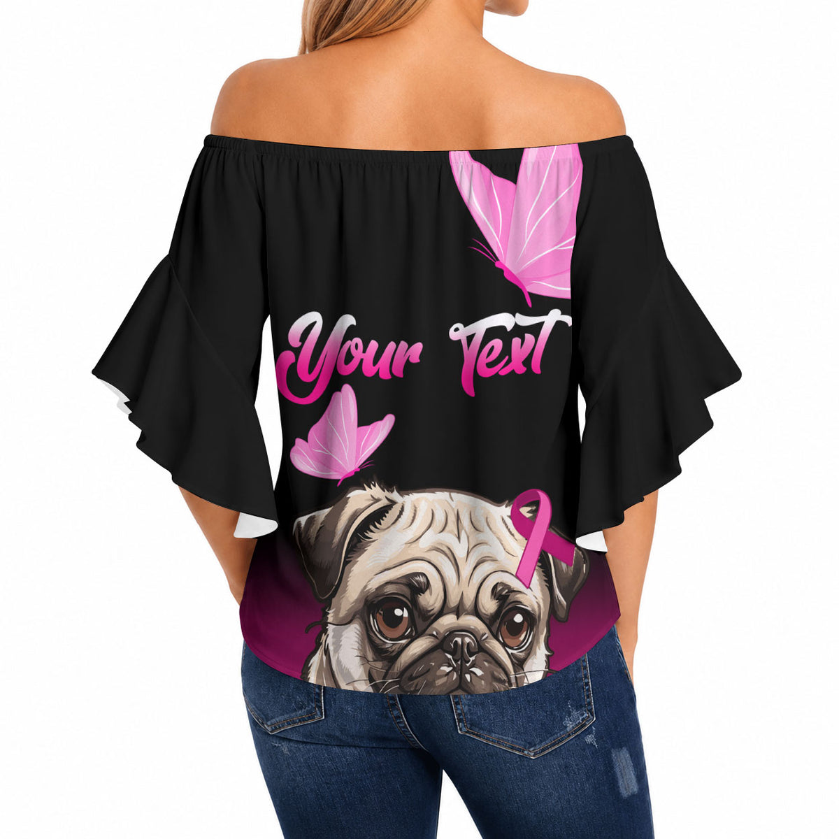 Personalised Pink Out Off Shoulder Wrap Waist Top Pug Dog Breast Cancer Support
