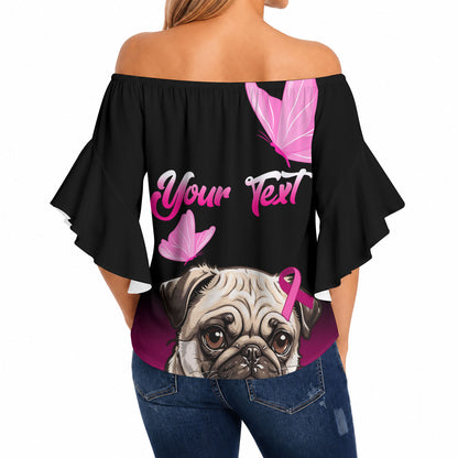 Personalised Pink Out Off Shoulder Wrap Waist Top Pug Dog Breast Cancer Support