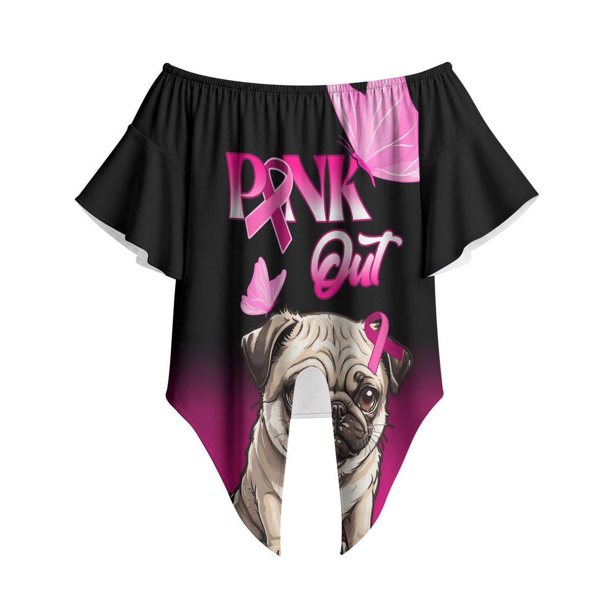 Personalised Pink Out Off Shoulder Wrap Waist Top Pug Dog Breast Cancer Support