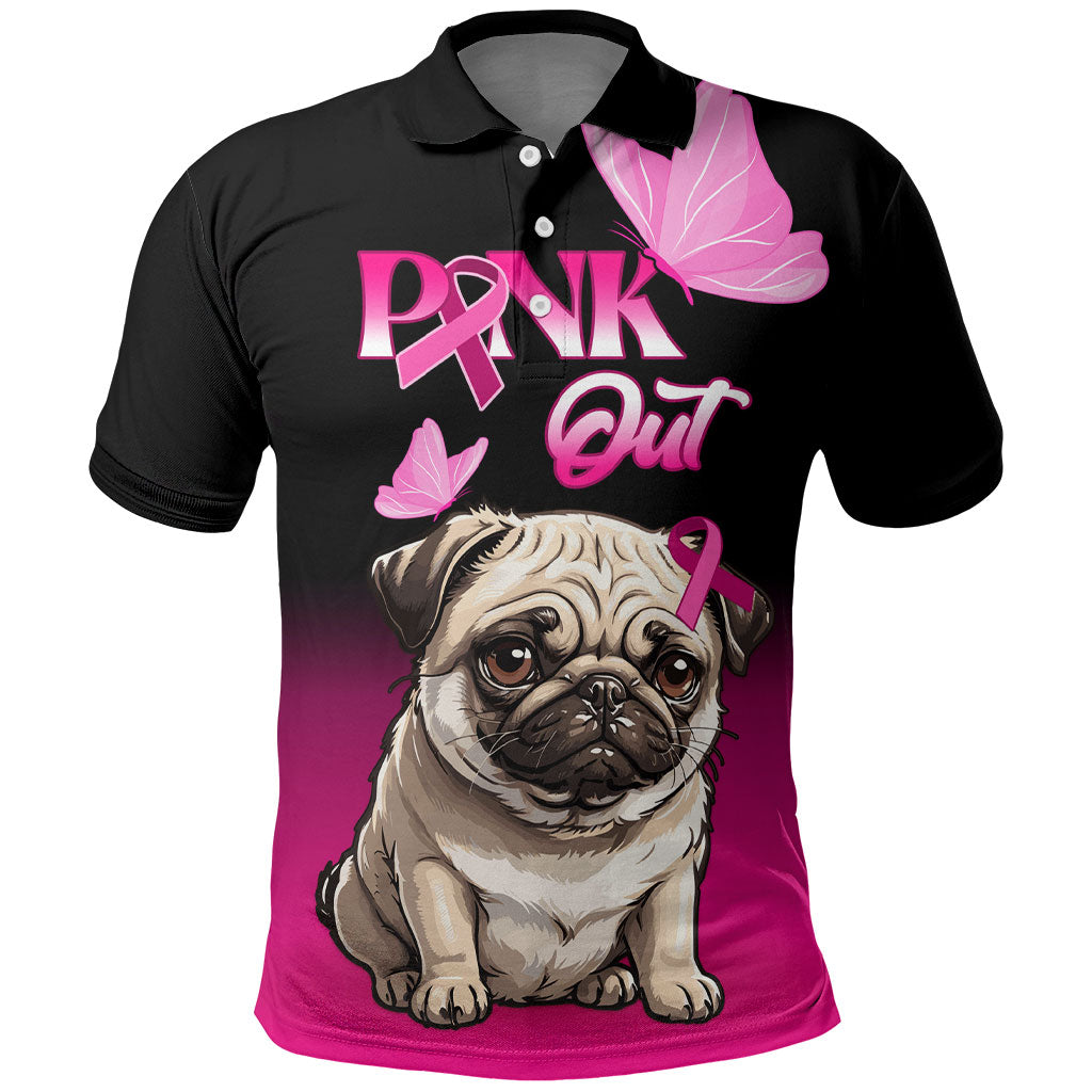 Personalised Pink Out Polo Shirt Pug Dog Breast Cancer Support