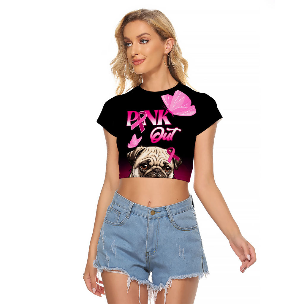 Personalised Pink Out Raglan Cropped T Shirt Pug Dog Breast Cancer Support