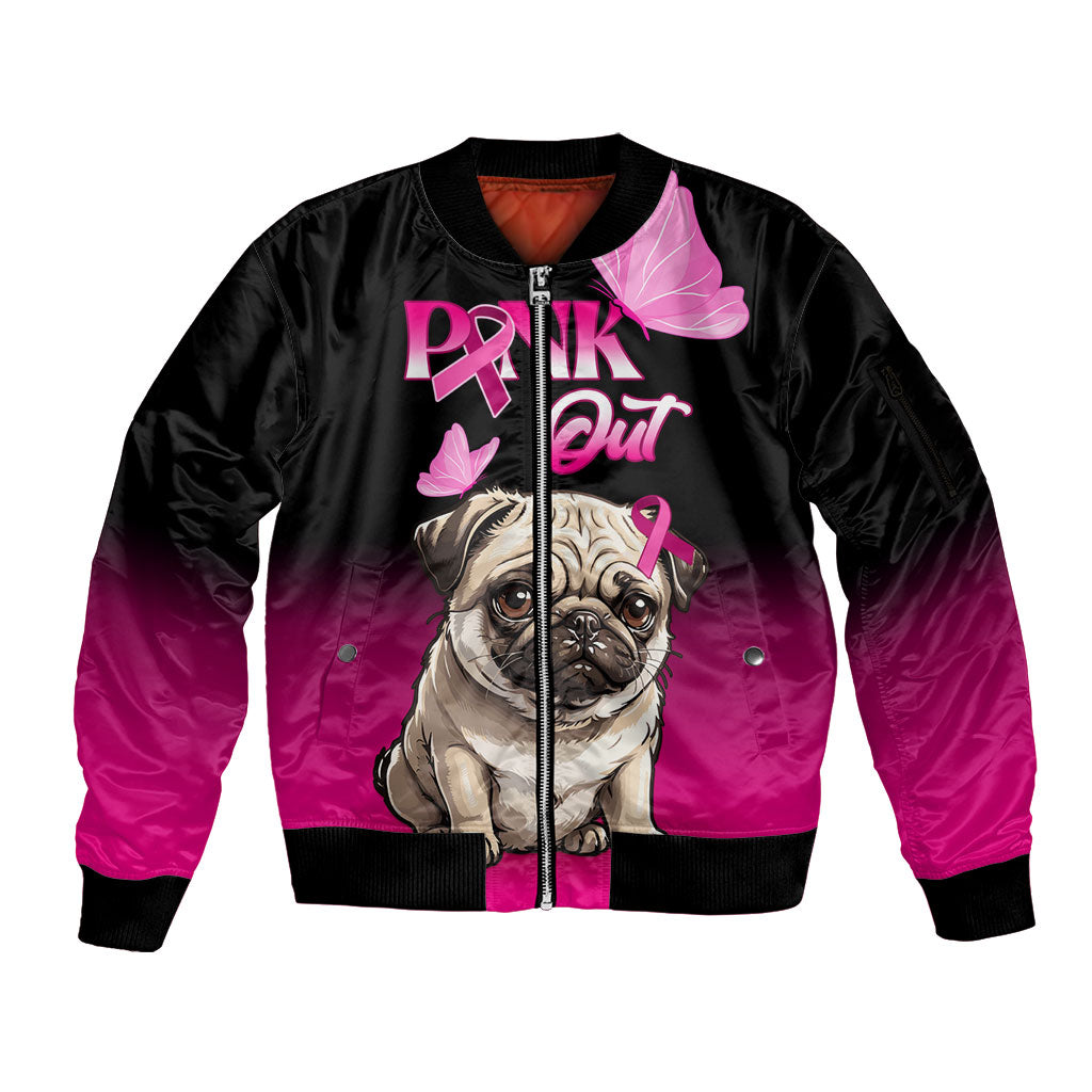 Personalised Pink Out Sleeve Zip Bomber Jacket Pug Dog Breast Cancer Support