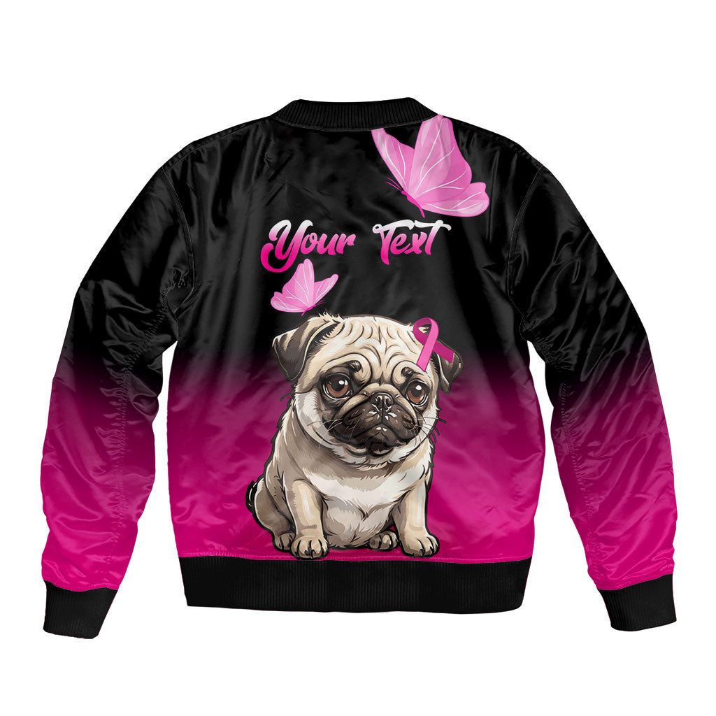 Personalised Pink Out Sleeve Zip Bomber Jacket Pug Dog Breast Cancer Support