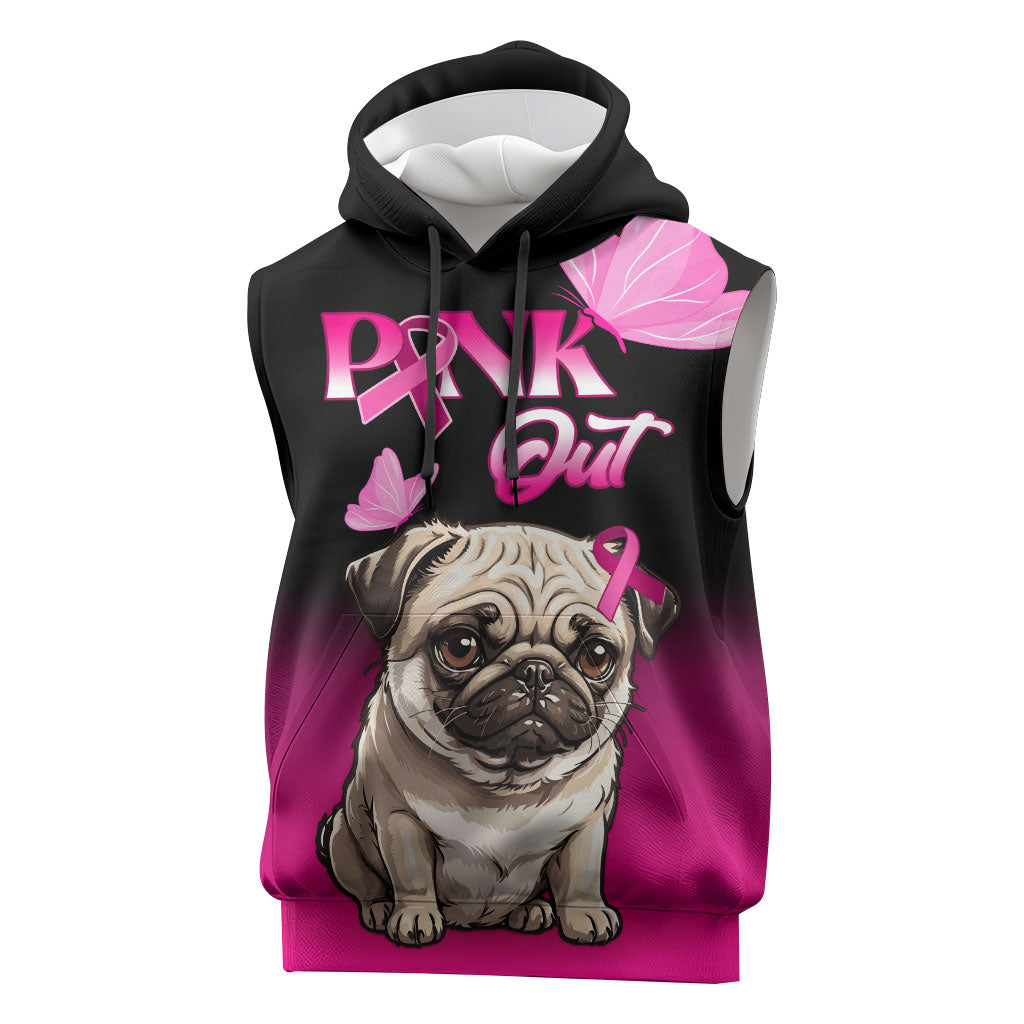 Personalised Pink Out Sleeveless Hoodie Pug Dog Breast Cancer Support