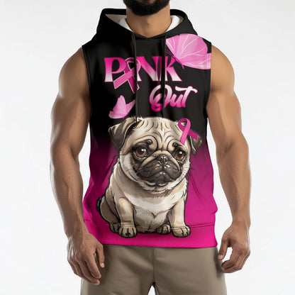 Personalised Pink Out Sleeveless Hoodie Pug Dog Breast Cancer Support