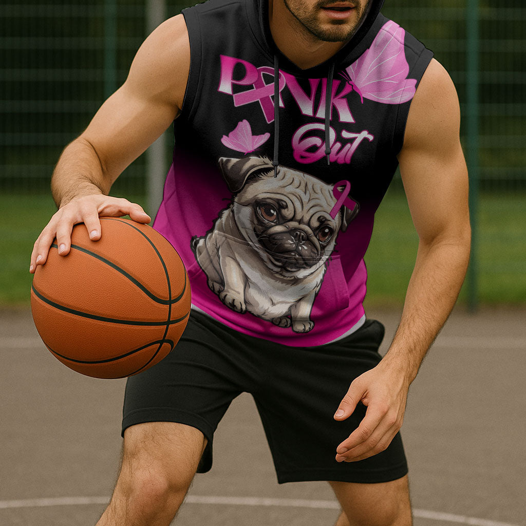 Personalised Pink Out Sleeveless Hoodie Pug Dog Breast Cancer Support