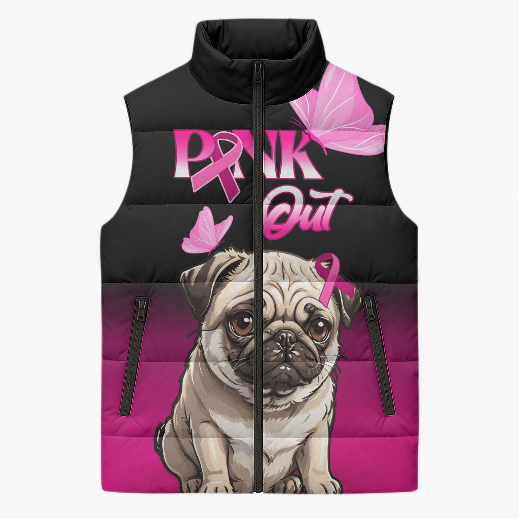 Personalised Pink Out Sleeveless Puffer Jacket Pug Dog Breast Cancer Support