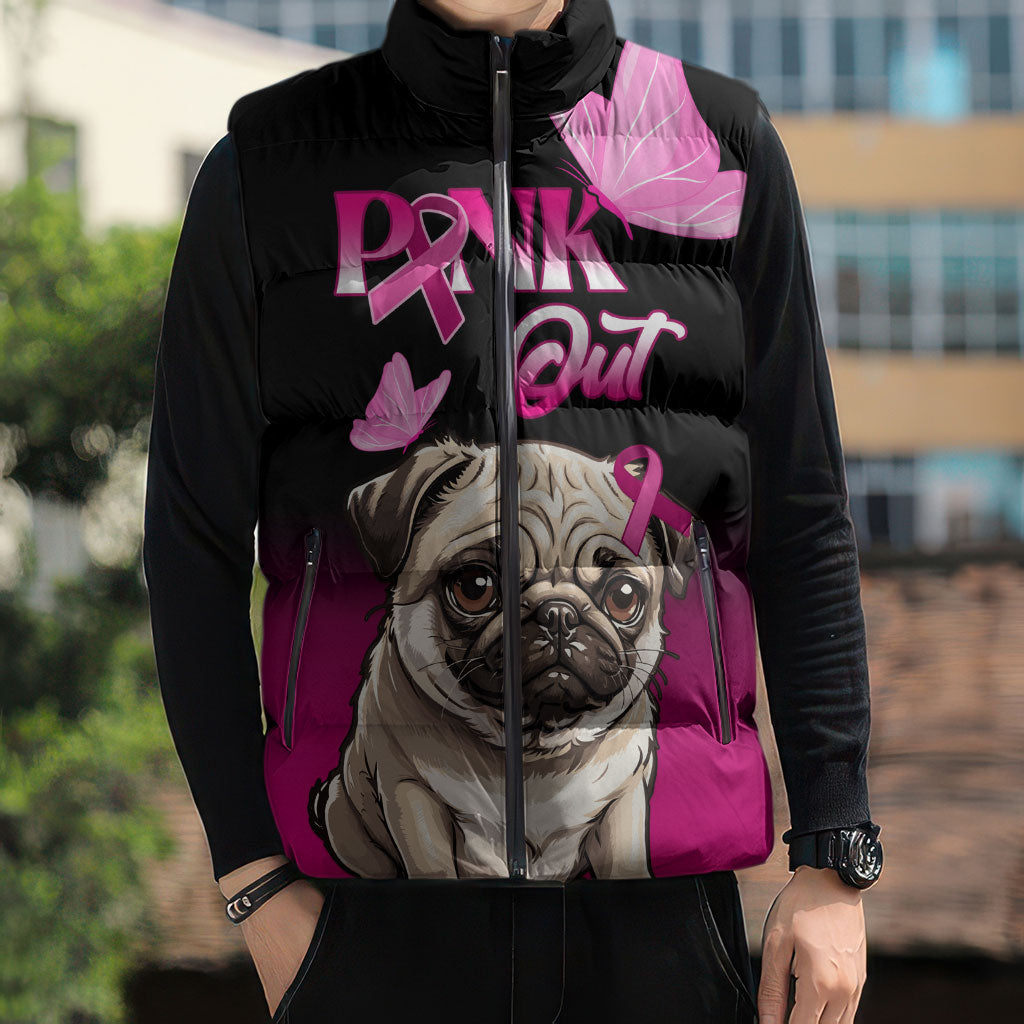 Personalised Pink Out Sleeveless Puffer Jacket Pug Dog Breast Cancer Support