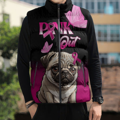 Personalised Pink Out Sleeveless Puffer Jacket Pug Dog Breast Cancer Support