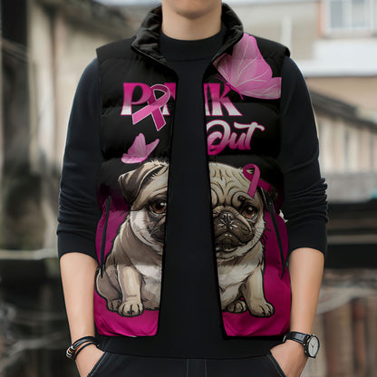 Personalised Pink Out Sleeveless Puffer Jacket Pug Dog Breast Cancer Support
