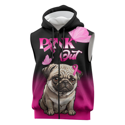 Personalised Pink Out Sleeveless Zip Hoodie Pug Dog Breast Cancer Support