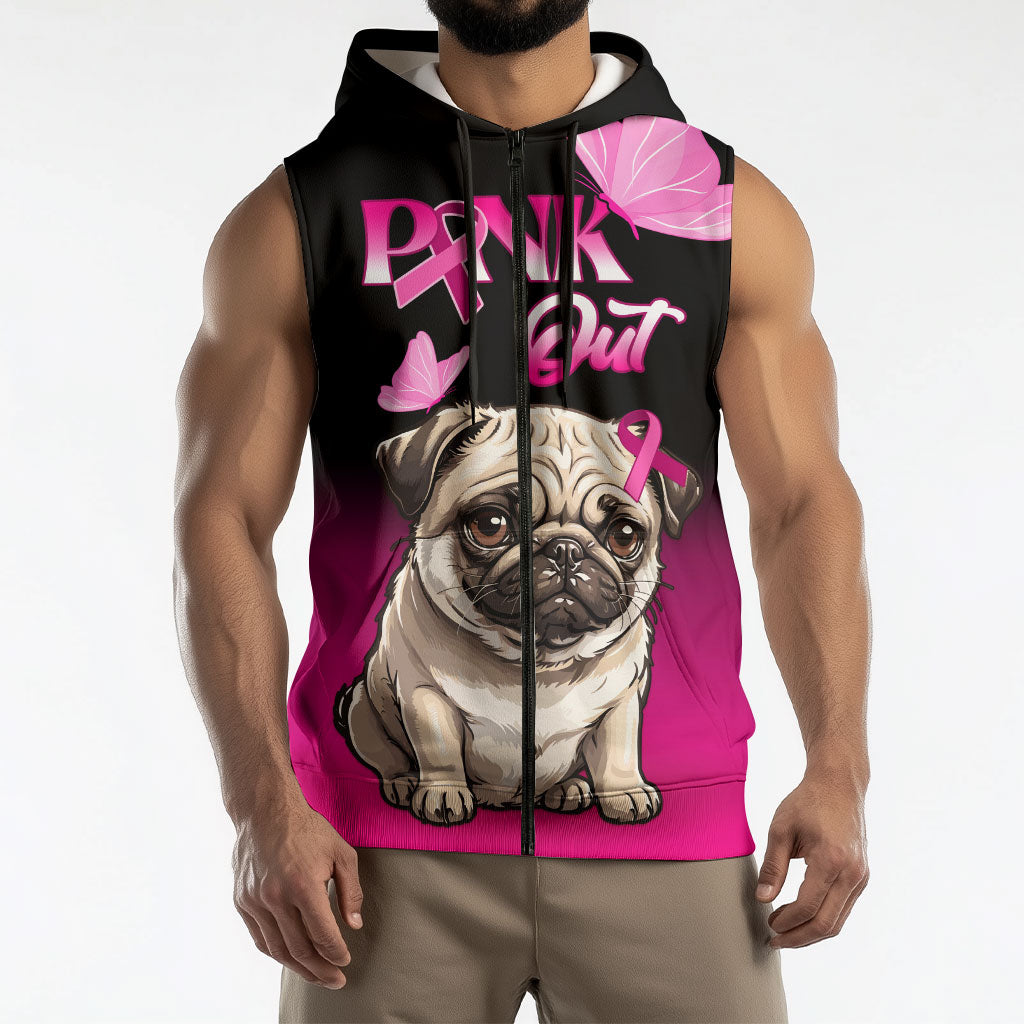 Personalised Pink Out Sleeveless Zip Hoodie Pug Dog Breast Cancer Support