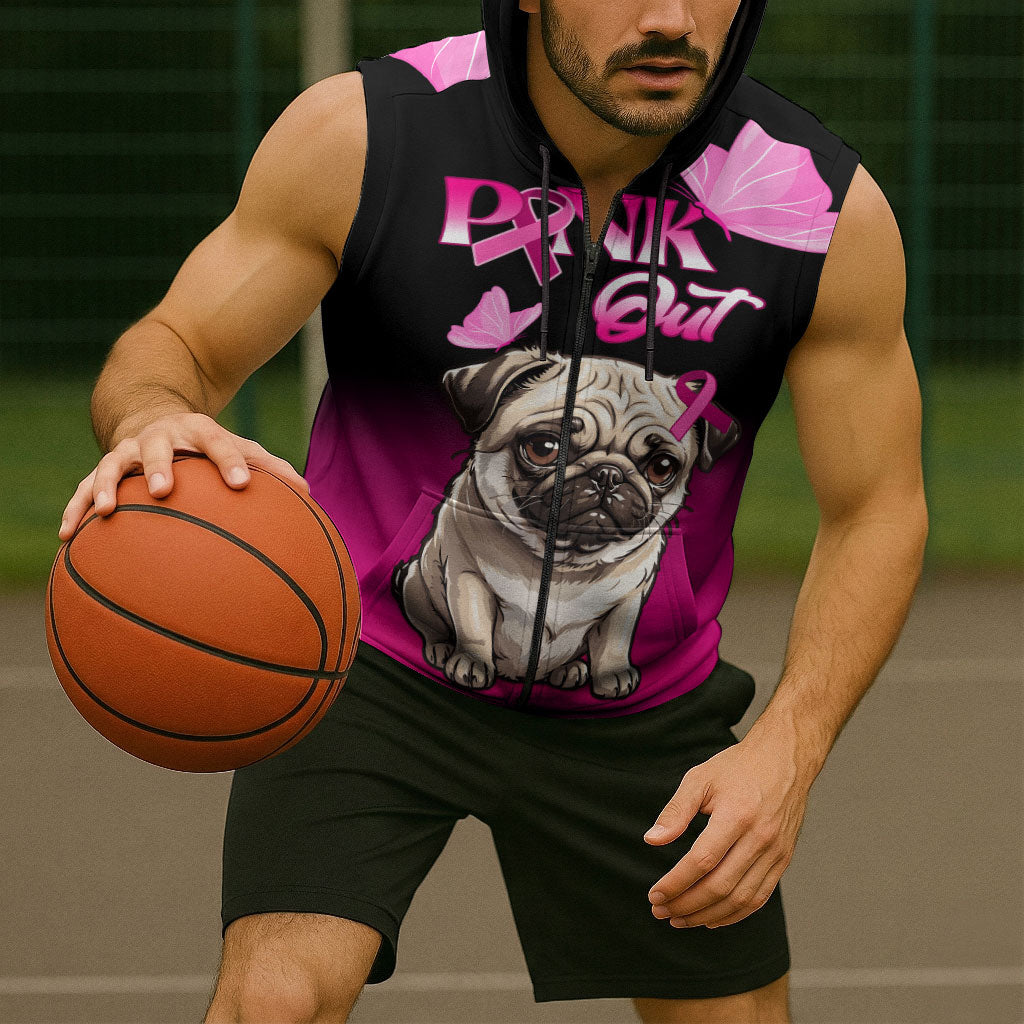 Personalised Pink Out Sleeveless Zip Hoodie Pug Dog Breast Cancer Support