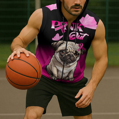 Personalised Pink Out Sleeveless Zip Hoodie Pug Dog Breast Cancer Support