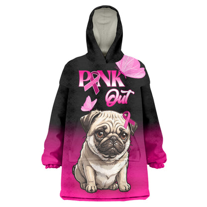 Personalised Pink Out Wearable Blanket Hoodie Pug Dog Breast Cancer Support