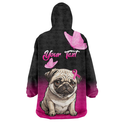 Personalised Pink Out Wearable Blanket Hoodie Pug Dog Breast Cancer Support
