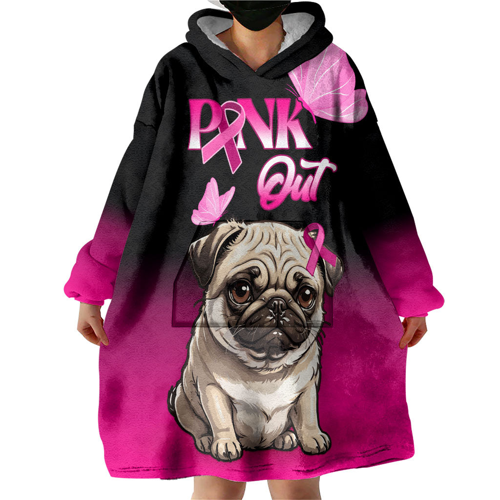 Personalised Pink Out Wearable Blanket Hoodie Pug Dog Breast Cancer Support