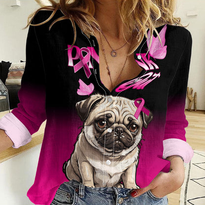 Personalised Pink Out Women Casual Shirt Pug Dog Breast Cancer Support
