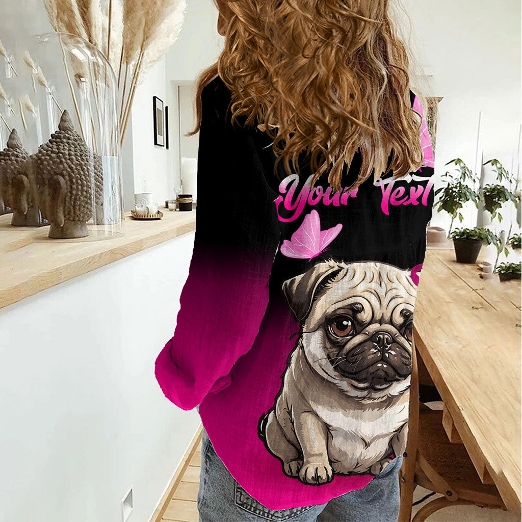 Personalised Pink Out Women Casual Shirt Pug Dog Breast Cancer Support