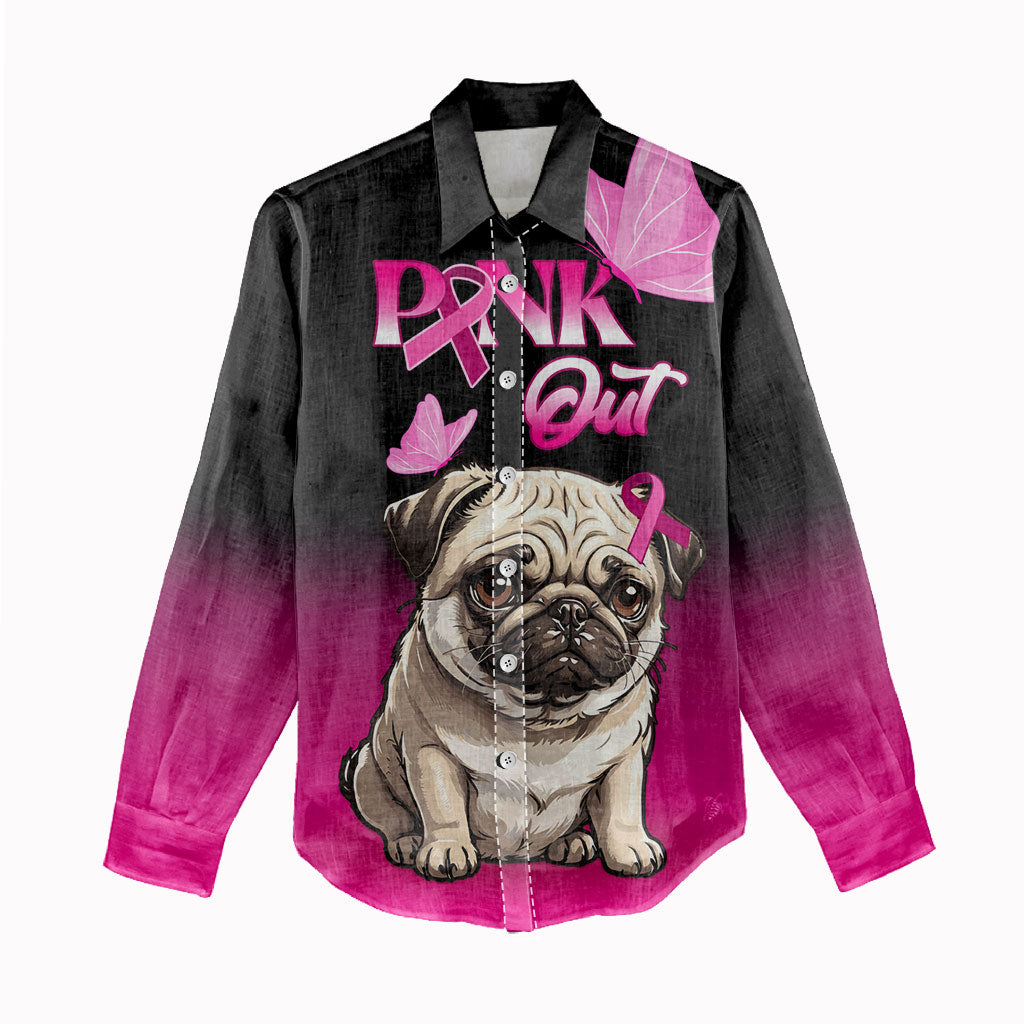 Personalised Pink Out Women Casual Shirt Pug Dog Breast Cancer Support