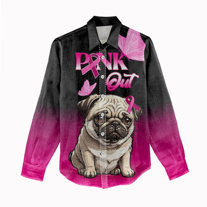 Personalised Pink Out Women Casual Shirt Pug Dog Breast Cancer Support