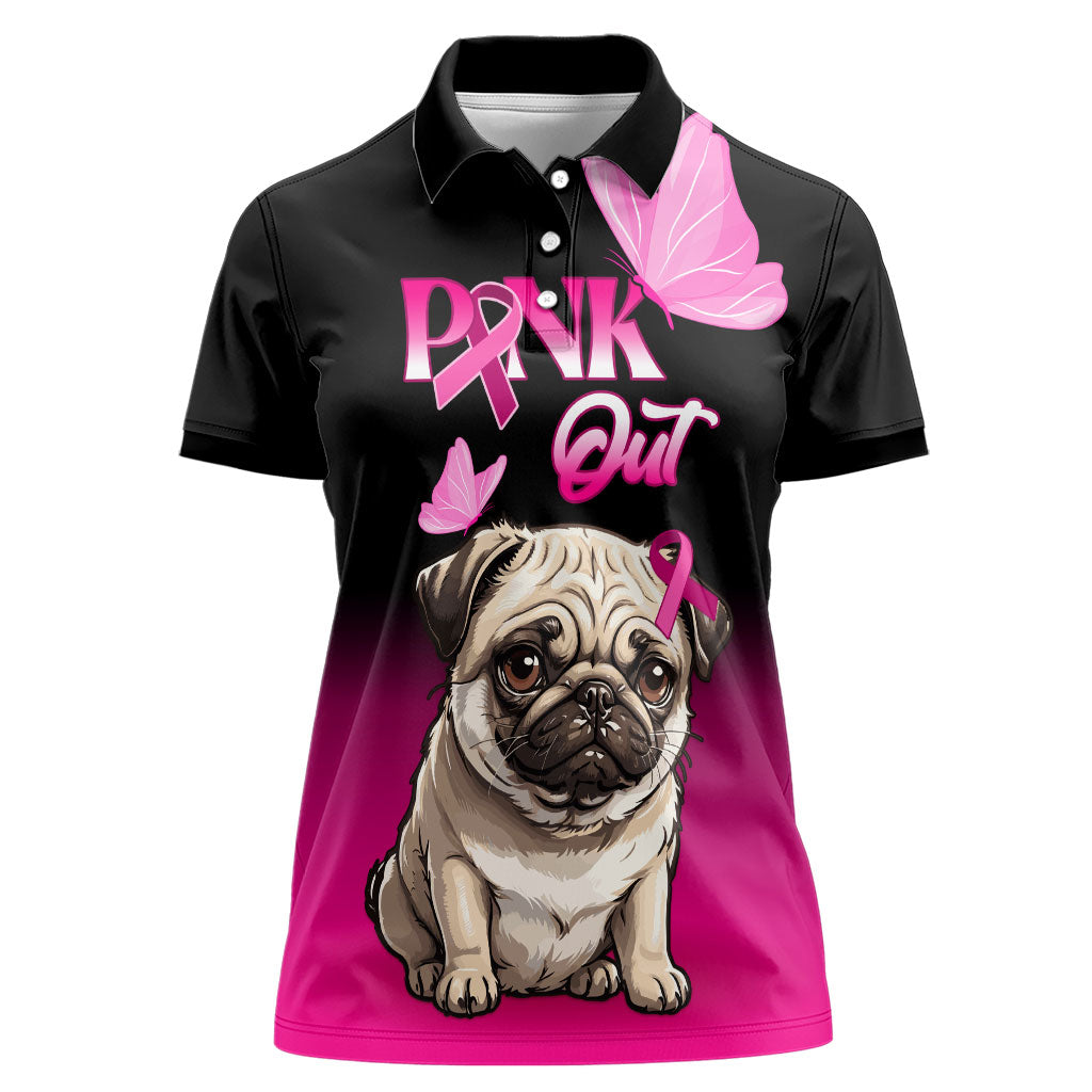 Personalised Pink Out Women Polo Shirt Pug Dog Breast Cancer Support