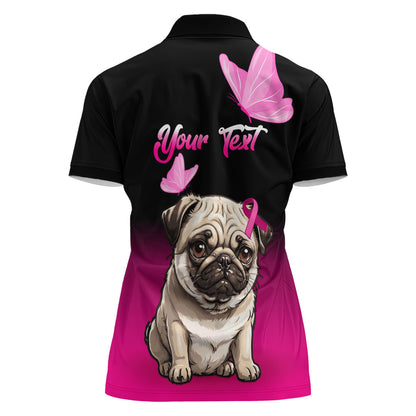 Personalised Pink Out Women Polo Shirt Pug Dog Breast Cancer Support