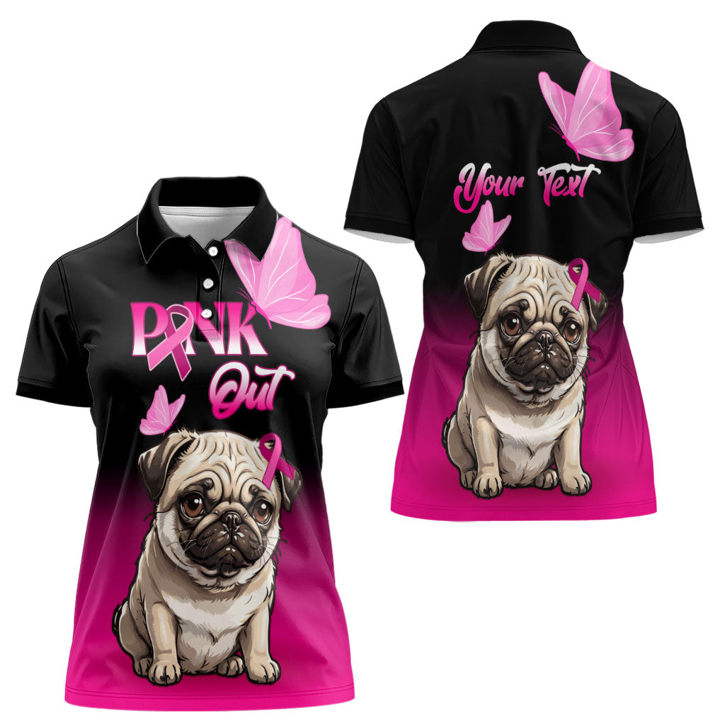 Personalised Pink Out Women Polo Shirt Pug Dog Breast Cancer Support