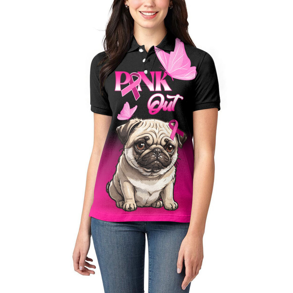 Personalised Pink Out Women Polo Shirt Pug Dog Breast Cancer Support
