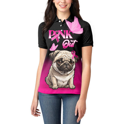 Personalised Pink Out Women Polo Shirt Pug Dog Breast Cancer Support