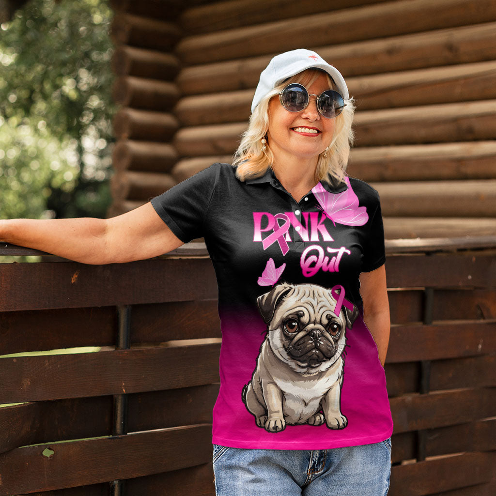 Personalised Pink Out Women Polo Shirt Pug Dog Breast Cancer Support